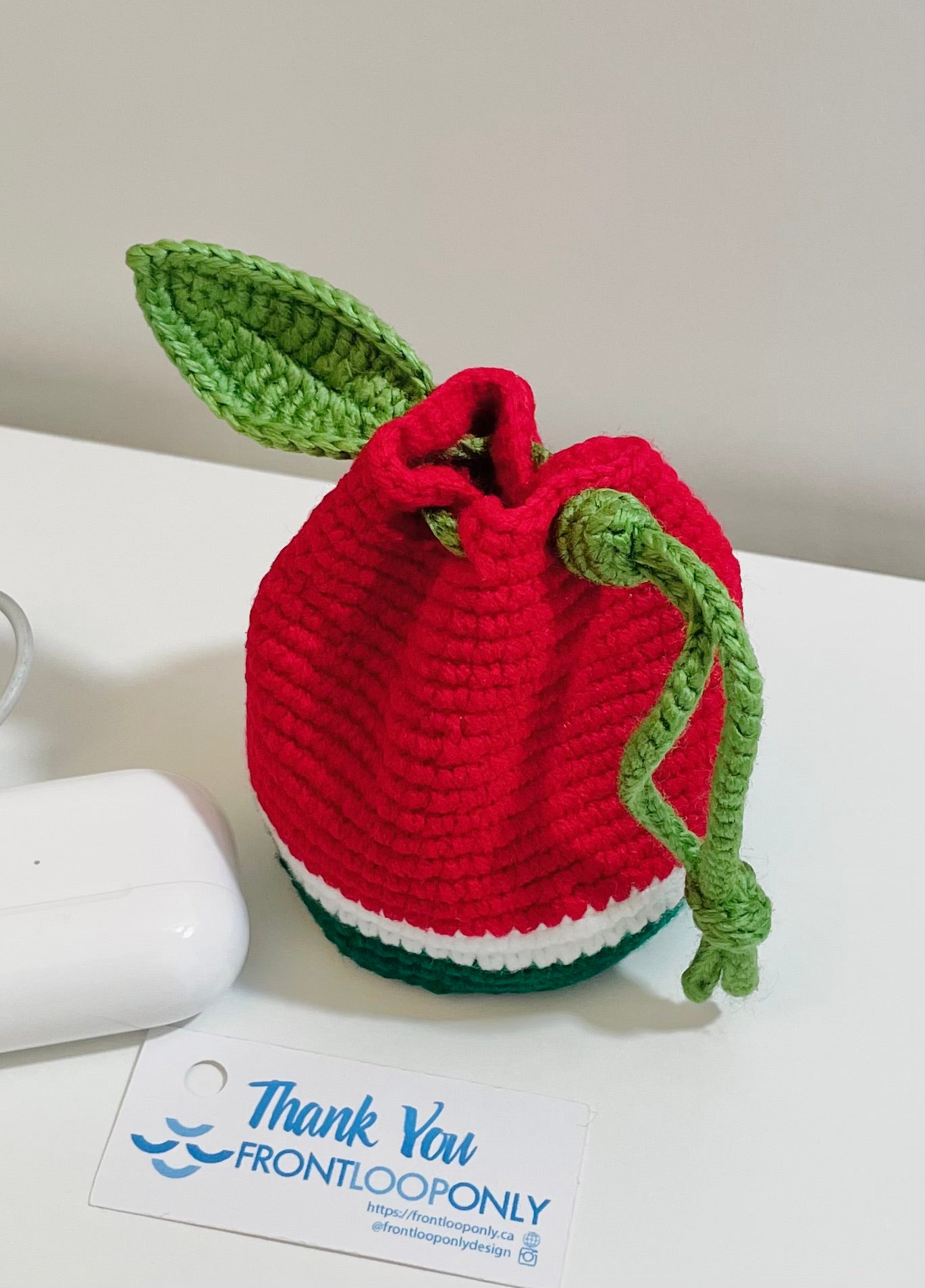 Crochet Orange Watermelon Pouch – Mini Drawstring Fruit Coin Purse, Earbud Holder