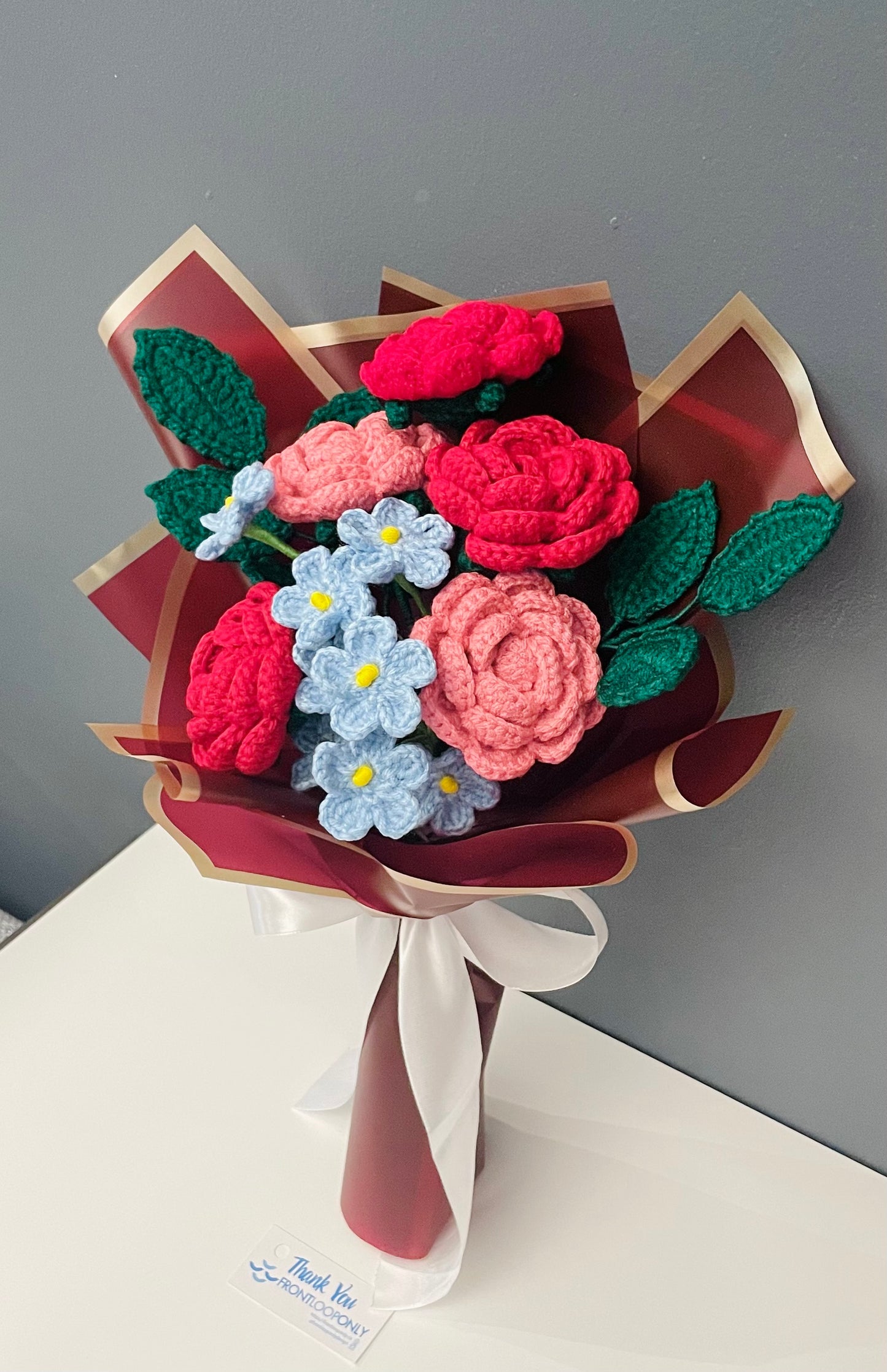 Crochet Flower Bouquet – Handmade Rose & Forget-Me-Not  Flowers Gift