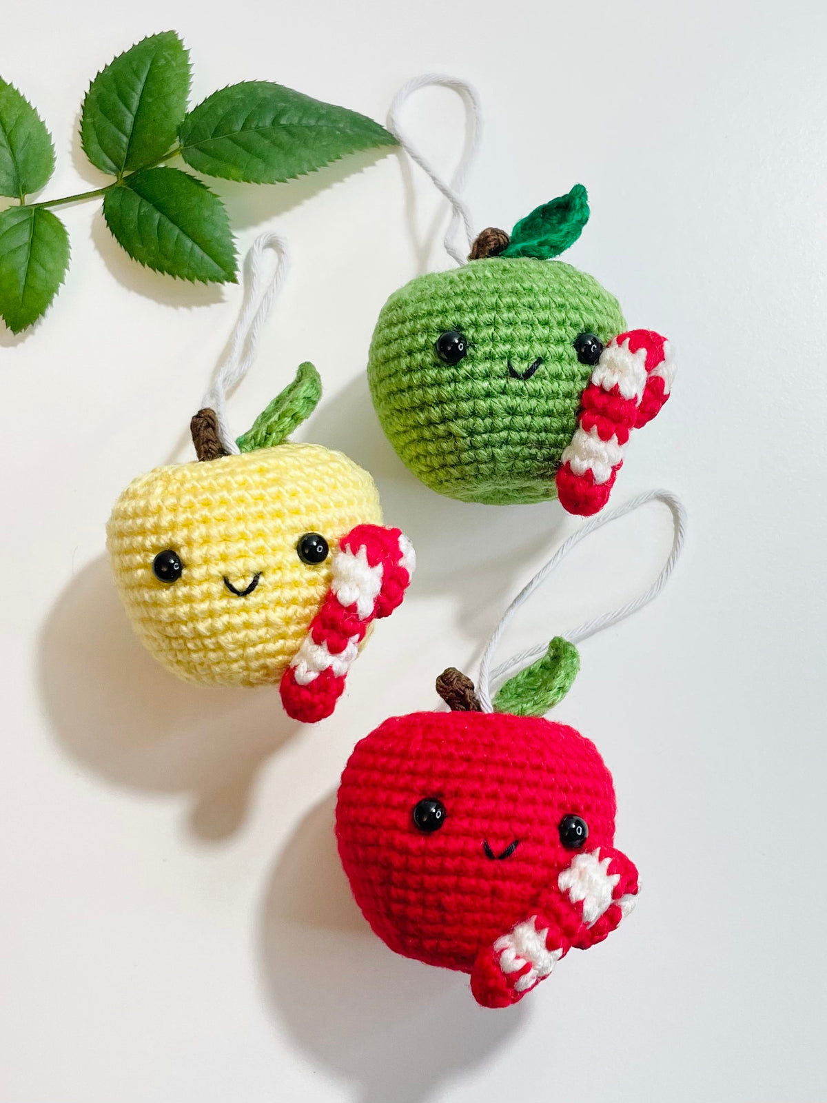 Handmade Crochet Apple Ornament, Candy Cane Christmas Decor, Teacher Gift, Fruit Keepsake