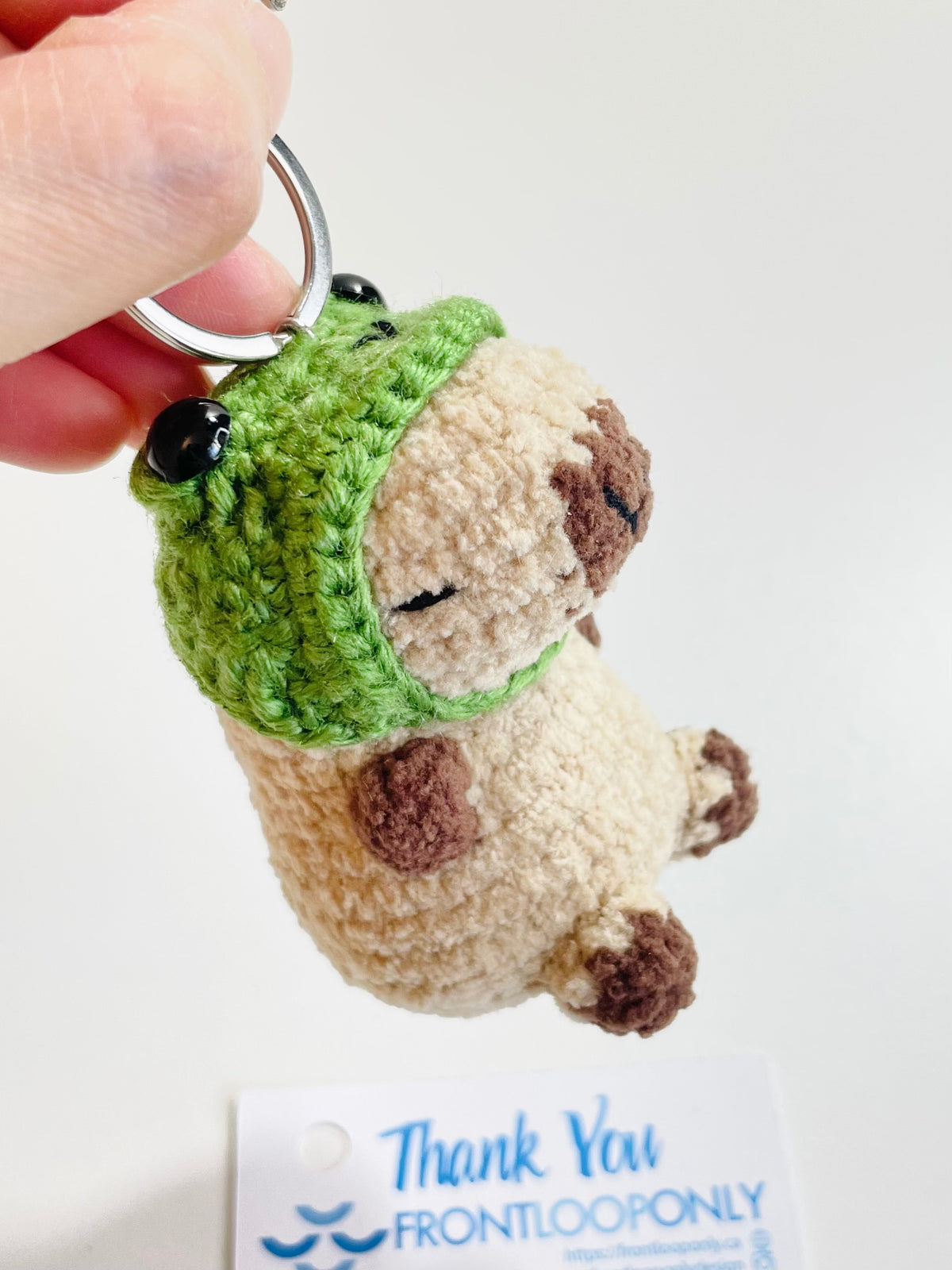 Crochet Chubby Capybara Keychain with Frog Hat, Handmade Animal Bag Charm, Amigurumi Backpack