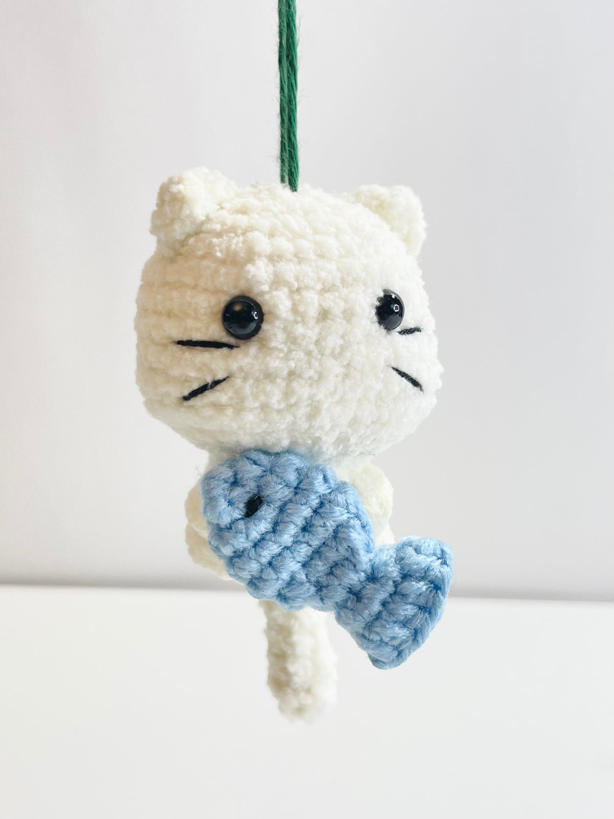 Handmade Crochet Cat Ornament with Fish, Christmas Tree Decoration, Kitten Lover Gift, Stocking Stuffer