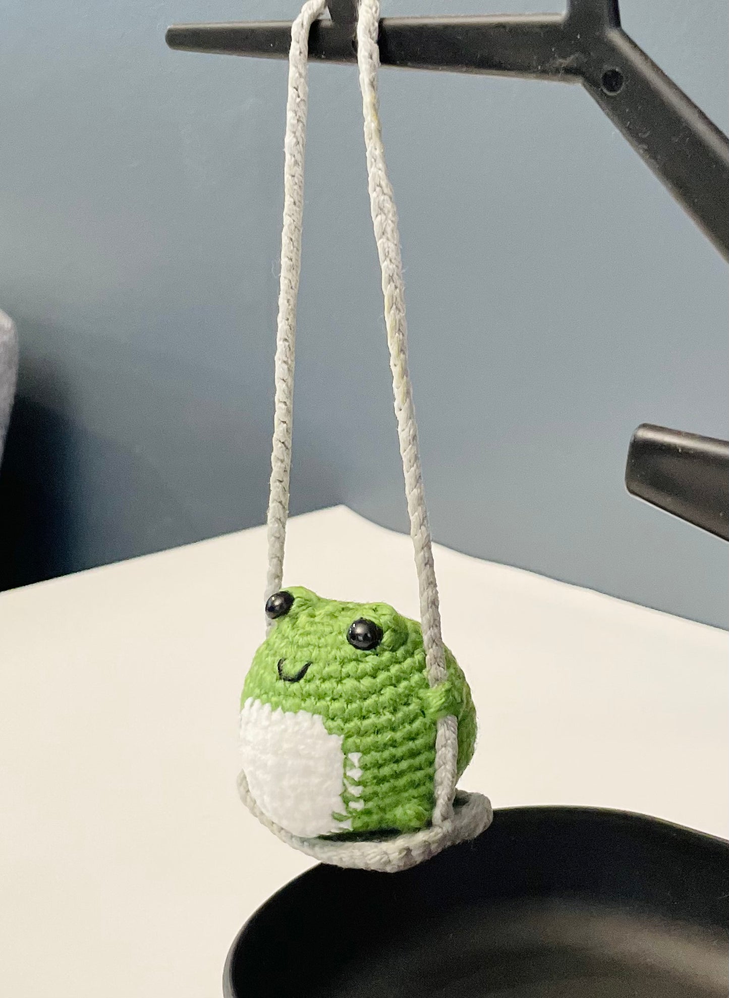 Crochet Frog on a Swing Car Charm – Handmade Rearview Mirror Hanging Ornament – Frog Car Accessory