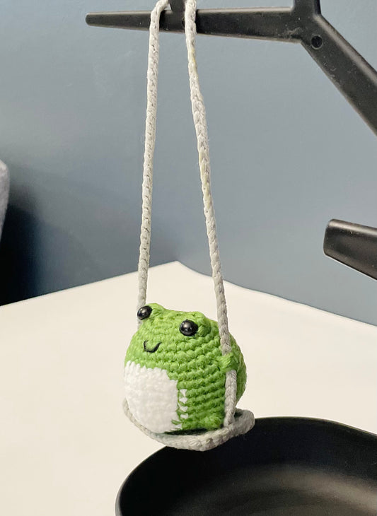 Crochet Frog on a Swing Car Charm – Handmade Rearview Mirror Hanging Ornament – Frog Car Accessory