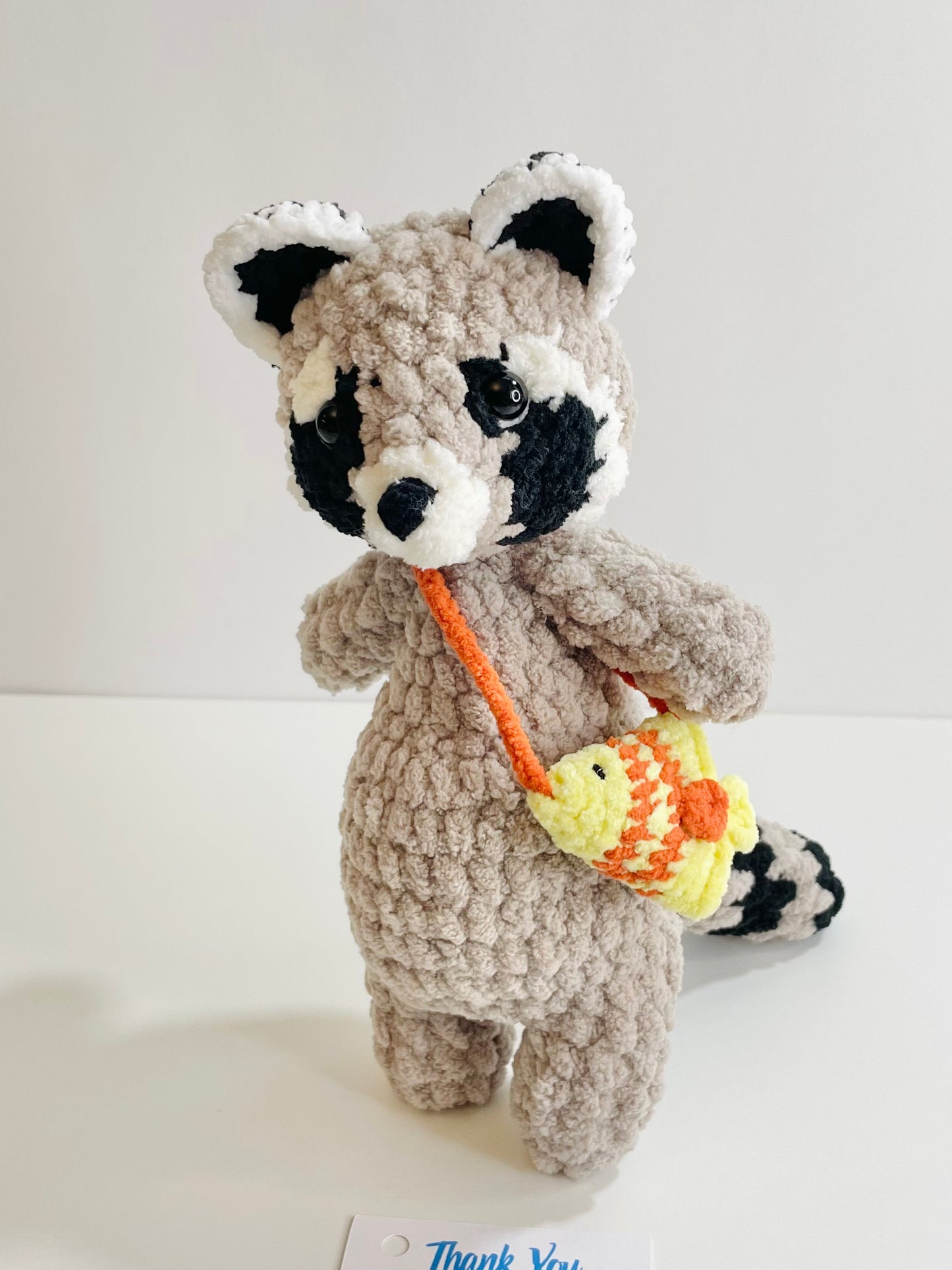 Crochet Snuggly Raccoon Plush with Fish Bag| Handmade Raccoon Amigurumi | Woodland Animal Plushie | Nursery Decor | Unique Gift for Animal Lovers