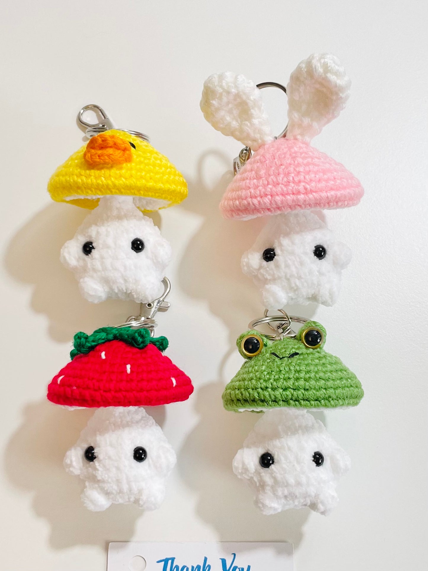 Crochet Baby Mushroom Keychain, Handmade Kawaii Amigurumi Frog, Duck, Bunny Strawberry Bag Charm