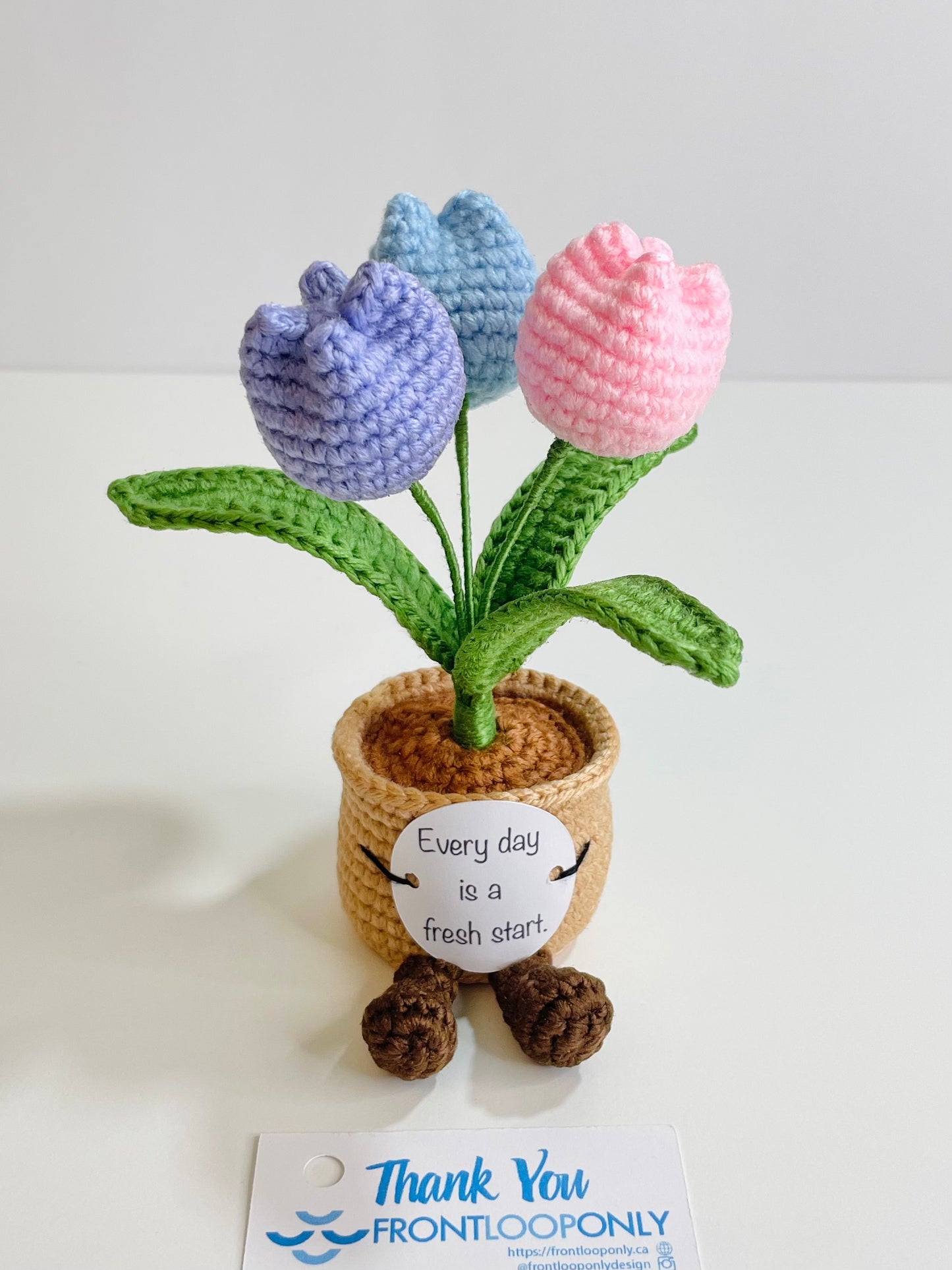 Crochet Flower Pot with Positive Message | Tulip, Sunflower, Rose Desk Decor