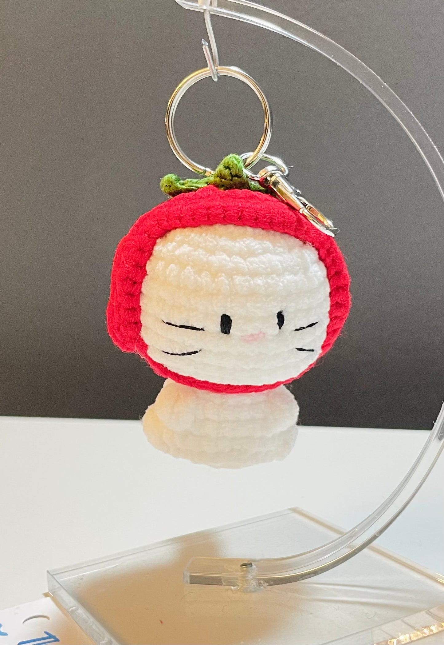 Crochet Cat Strawberry Hat Keychain – Amigurumi Kitty Plush Bag Charm