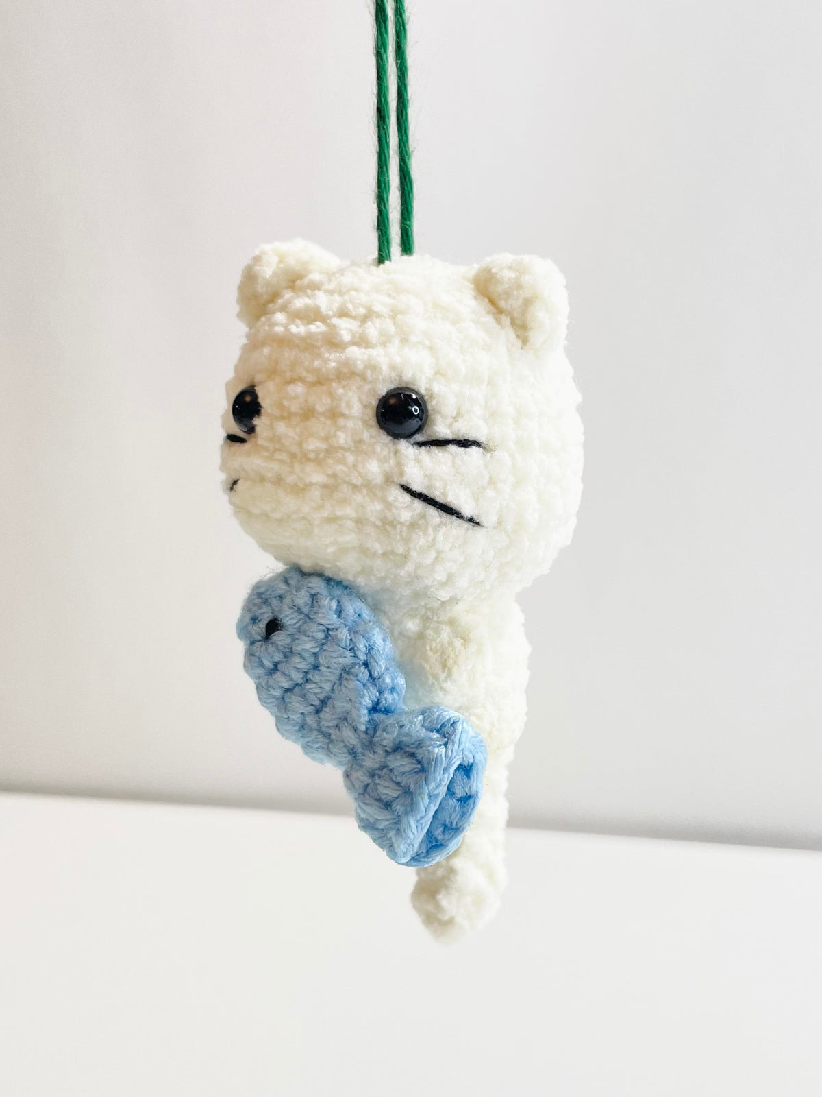 Handmade Crochet Cat Ornament with Fish, Christmas Tree Decoration, Kitten Lover Gift, Stocking Stuffer