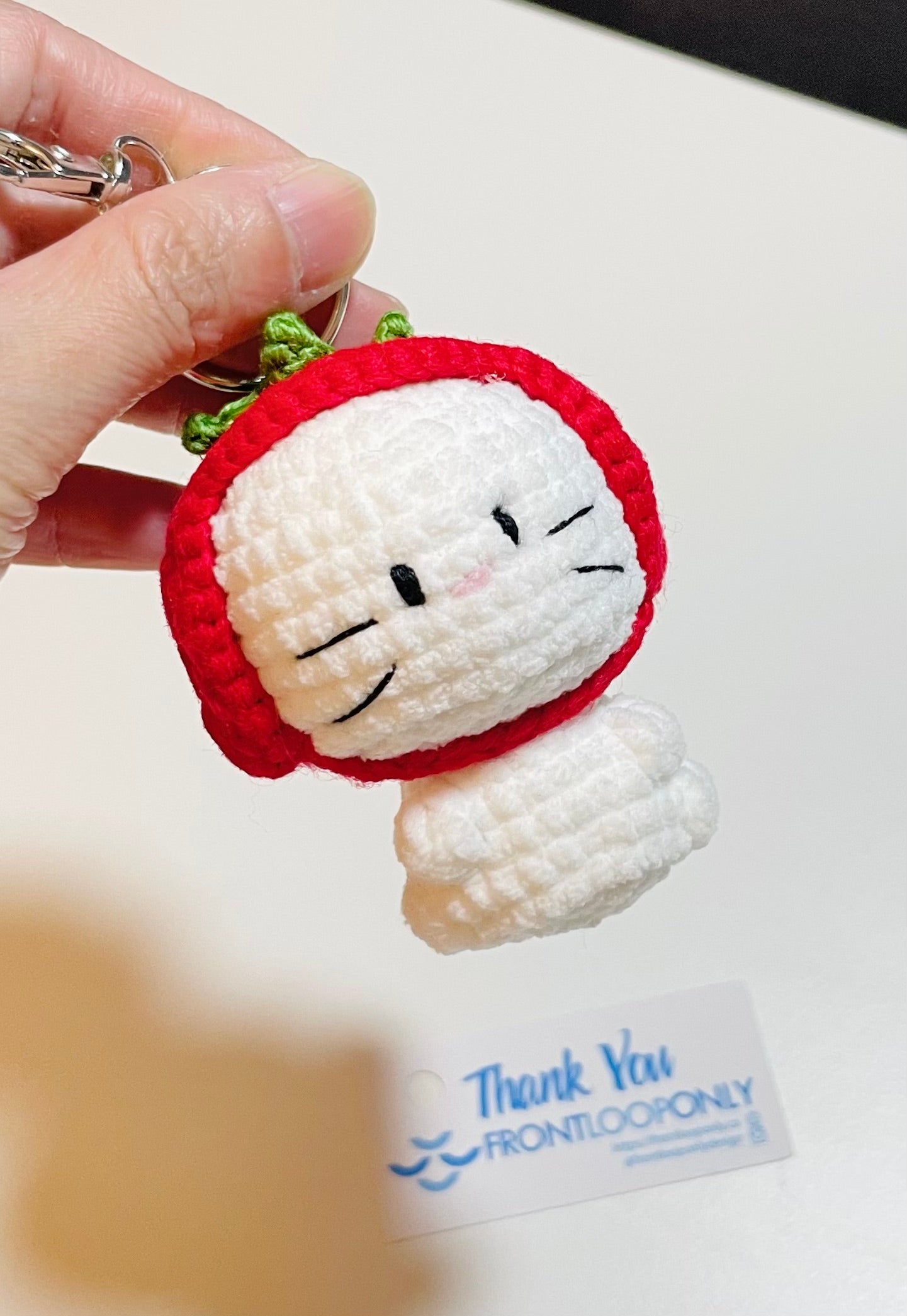 Crochet Cat Strawberry Hat Keychain – Amigurumi Kitty Plush Bag Charm