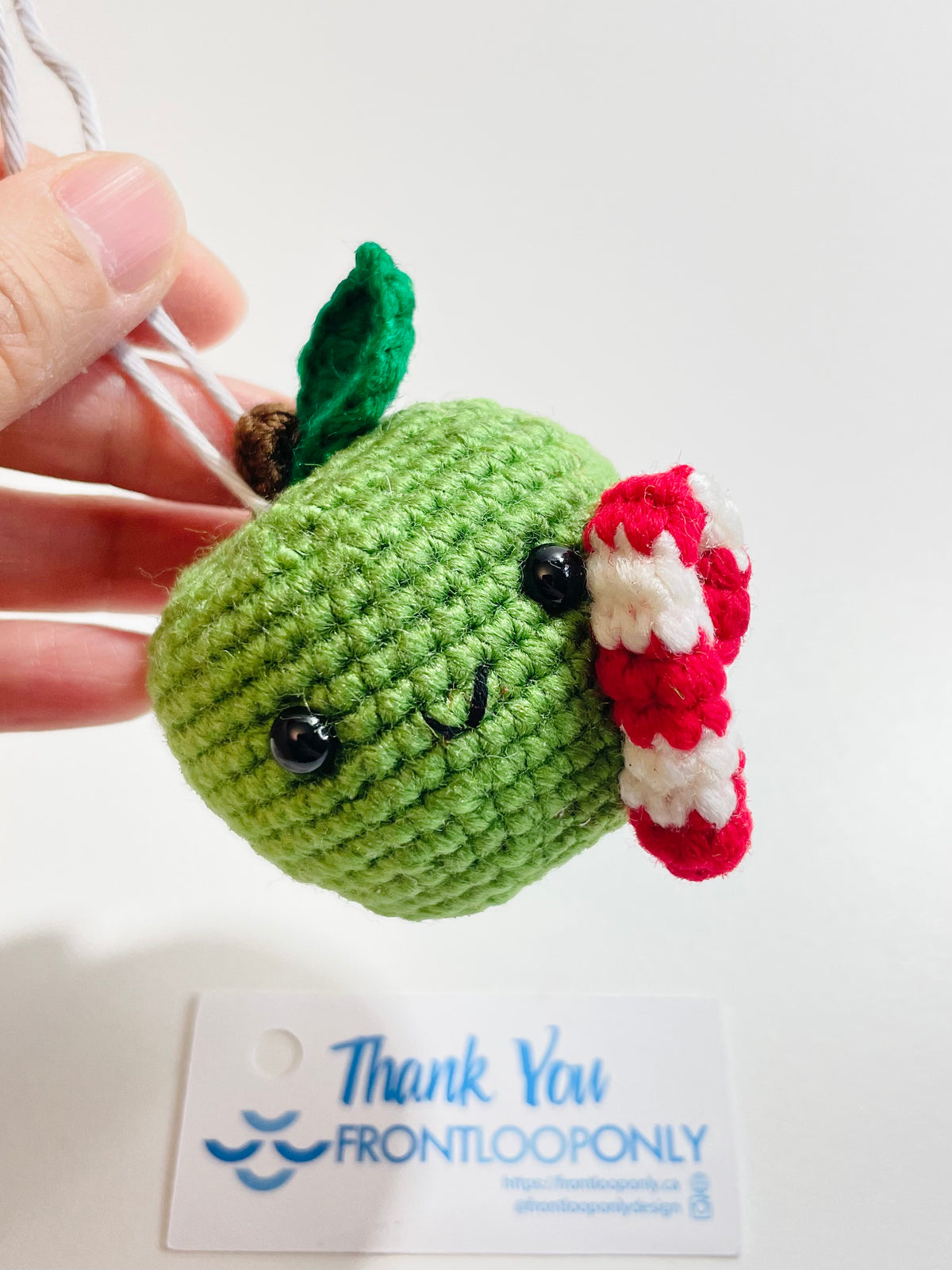 Handmade Crochet Apple Ornament, Candy Cane Christmas Decor, Teacher Gift, Fruit Keepsake