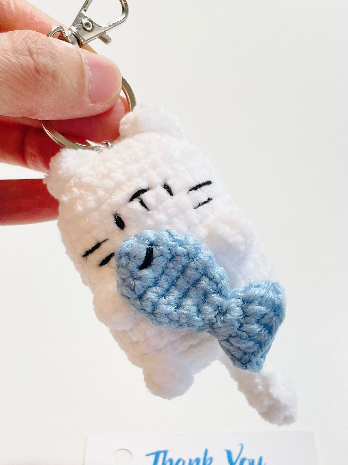 Crochet Cat Keychain Holding Fish, Handmade Sleepy Kitten Bag Charm, Amigurumi Pet Lover