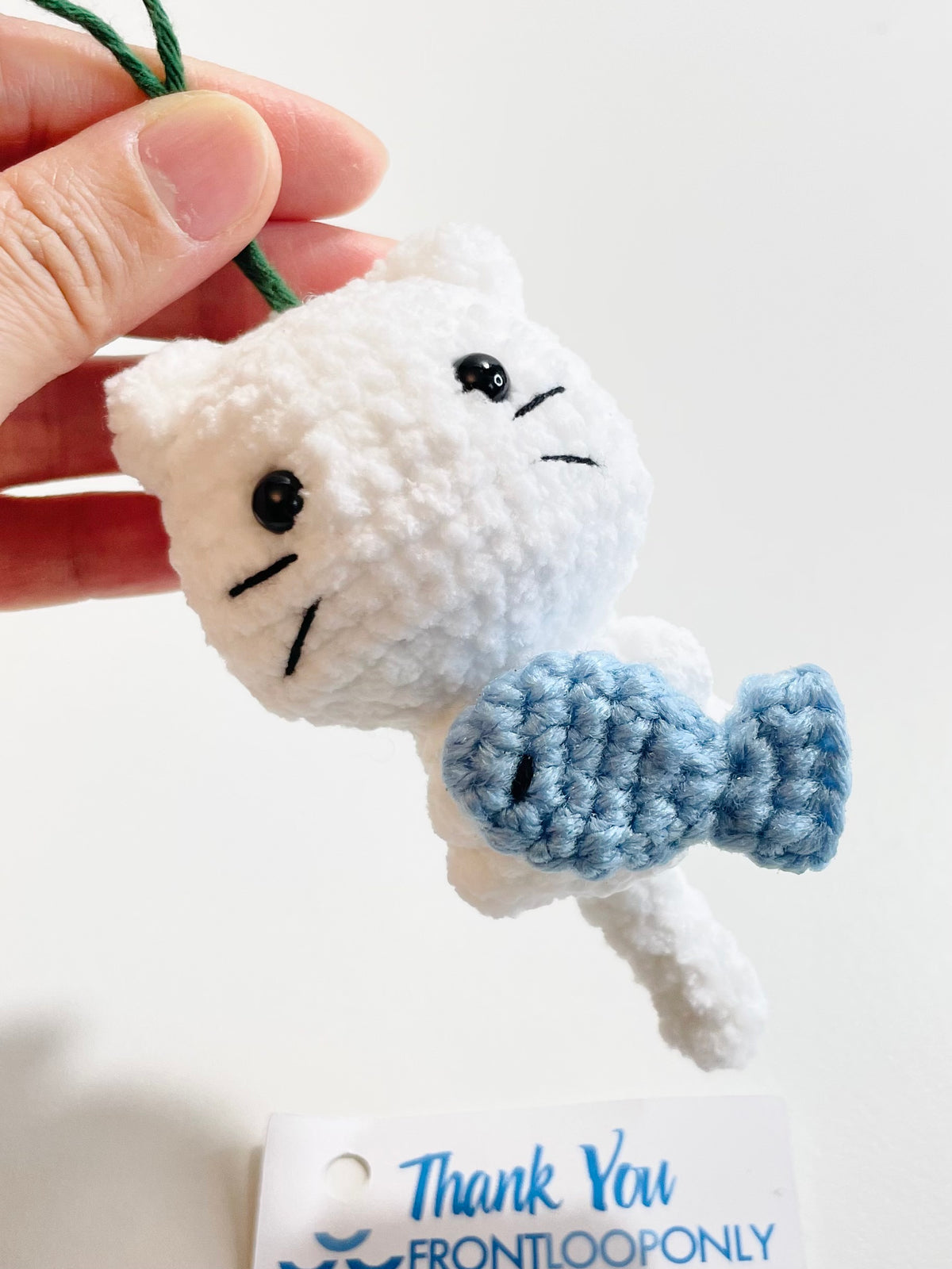 Handmade Crochet Cat Ornament with Fish, Christmas Tree Decoration, Kitten Lover Gift, Stocking Stuffer