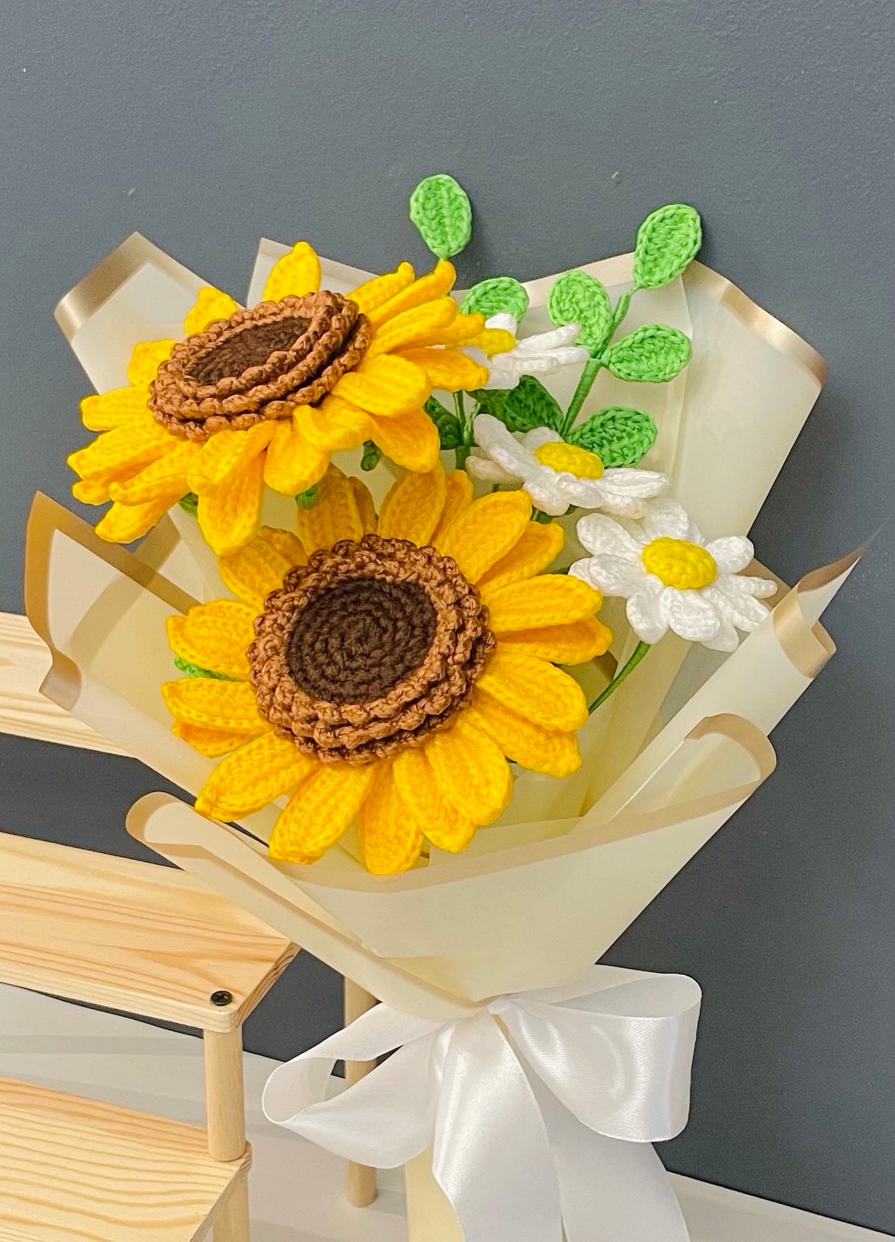 Crochet Sunflower, Daisy Flower Bouquet + Wrapping — Handmade Forever Blooms
