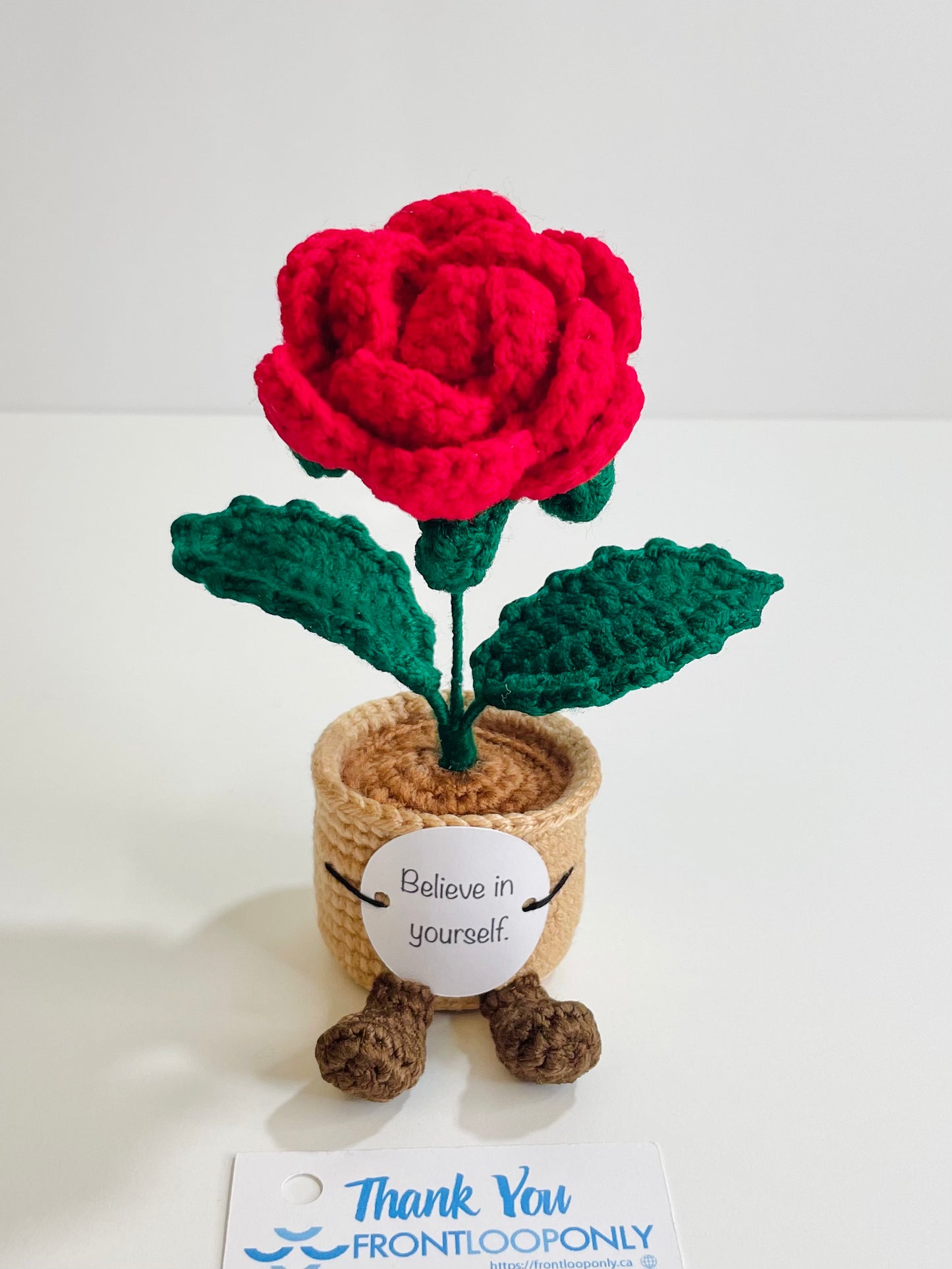 Crochet Flower Pot with Positive Message | Tulip, Sunflower, Rose Desk Decor