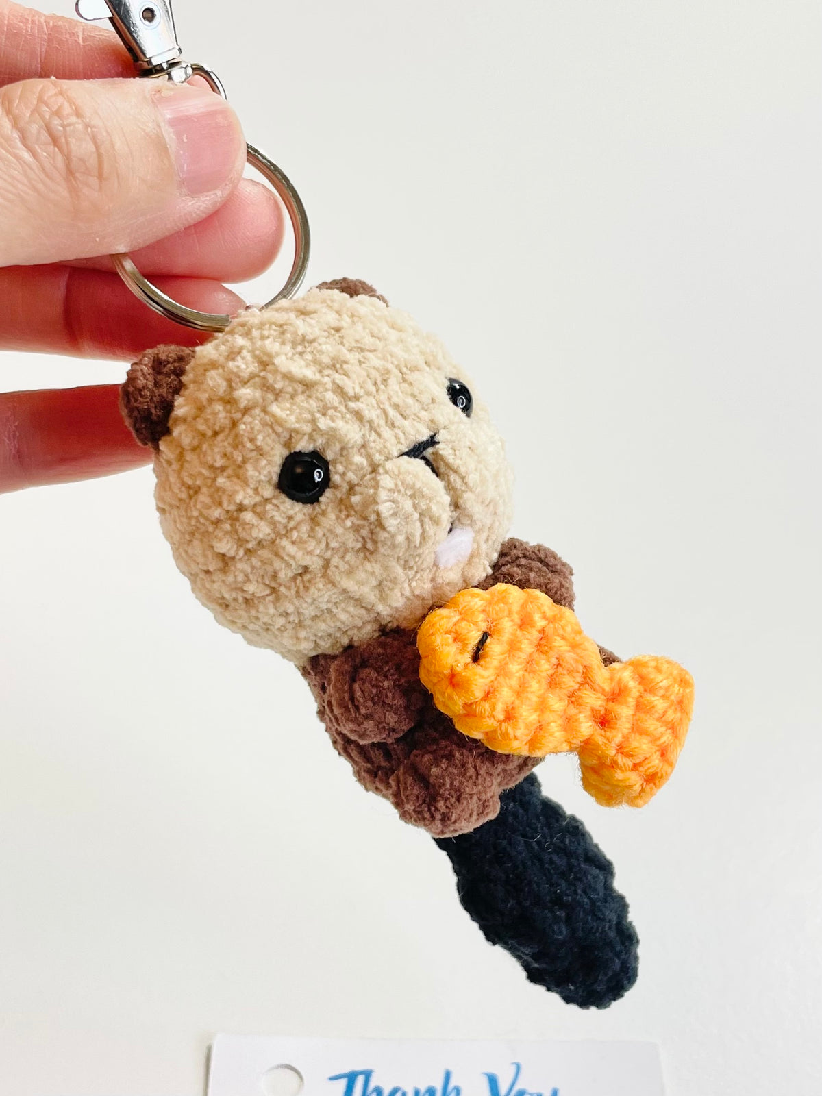 Crochet Beaver Keychain Holding Fish, Handmade Woodland Animal Bag Charm, Canadian Wildlife Gift