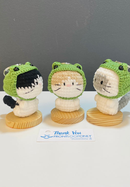 Crochet Cat Frog Hat Keychain – Amigurumi Kitty Plush Bag Charm