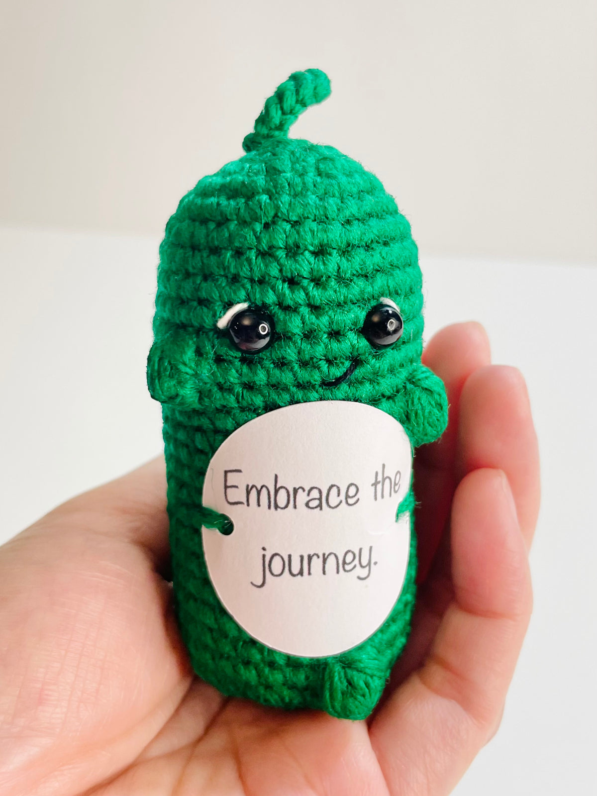 Crocheted Positive Pickle – Amigurumi Emotional Support Desk Buddy with Inspirational Card