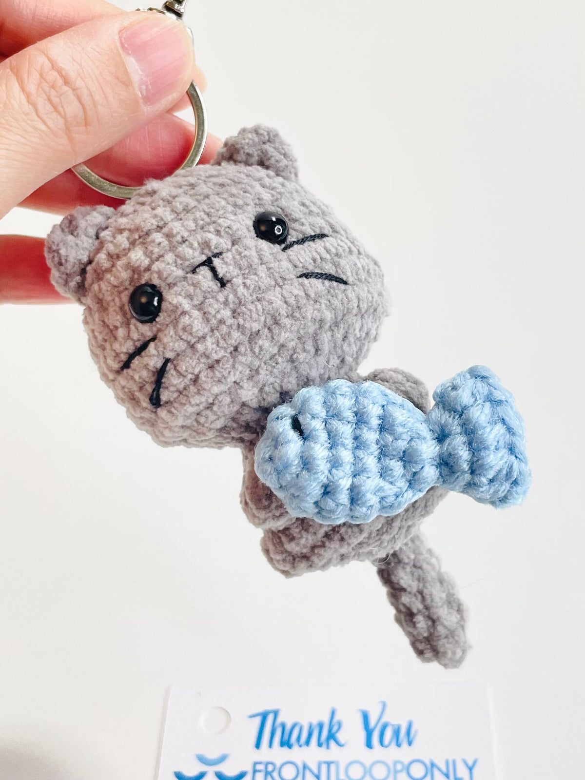 Crochet Cat Keychain with Fish, Handmade Amigurumi Bag Charm, Kitten Lover, Pet Owner Accessory