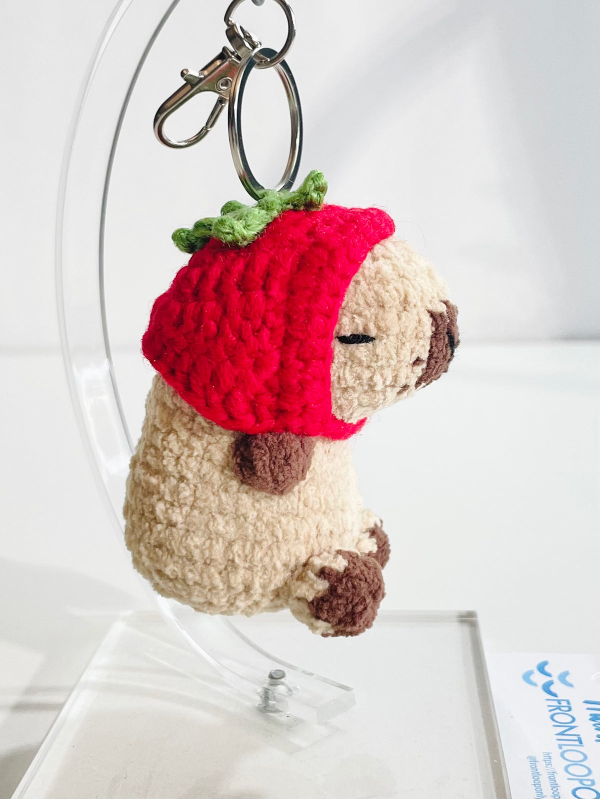 Crochet Capybara Keychain with Strawberry Hat, Handmade Animal Bag Charm, Kawaii Backpack Accessory