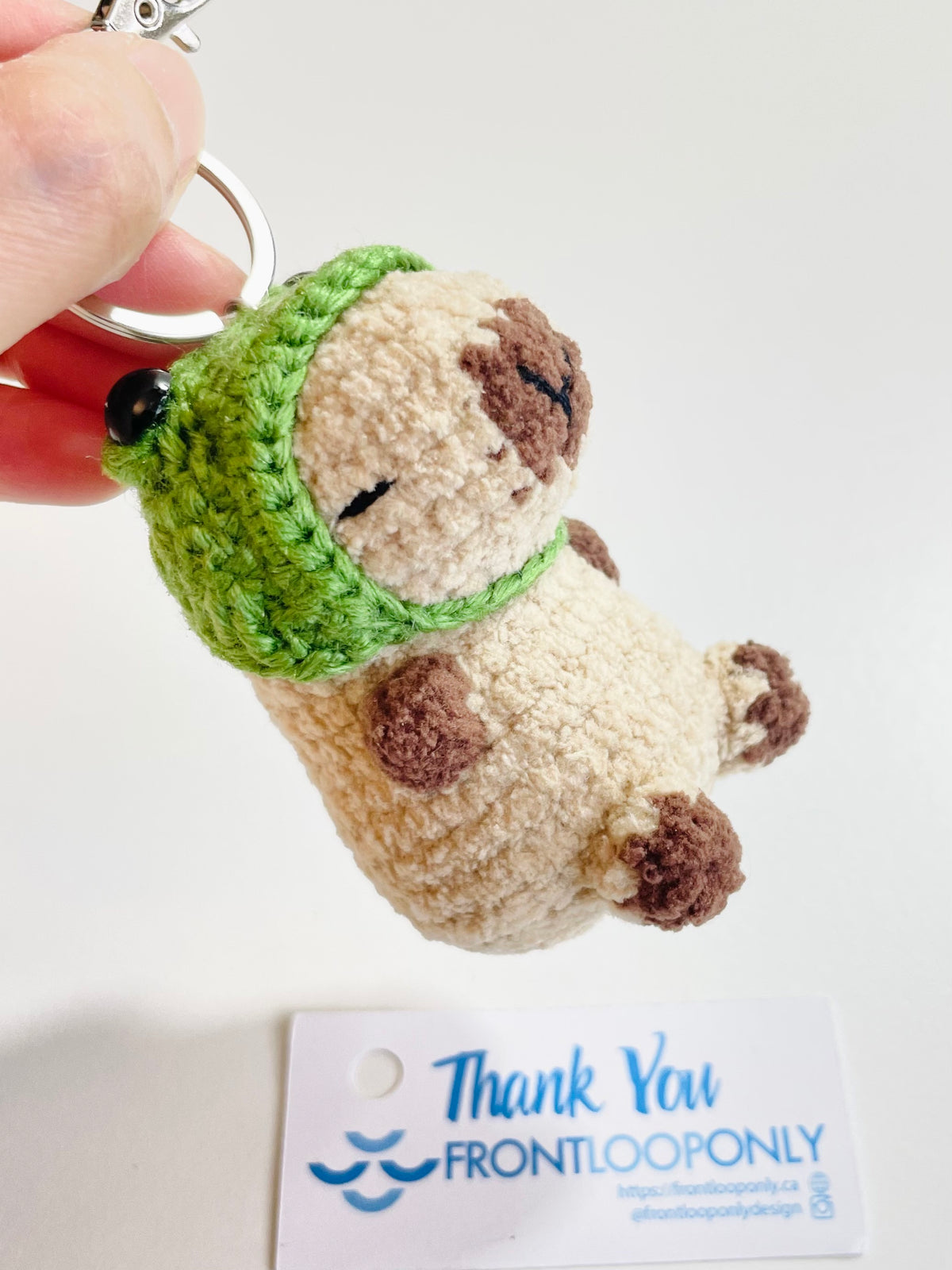 Crochet Chubby Capybara Keychain with Frog Hat, Handmade Animal Bag Charm, Amigurumi Backpack