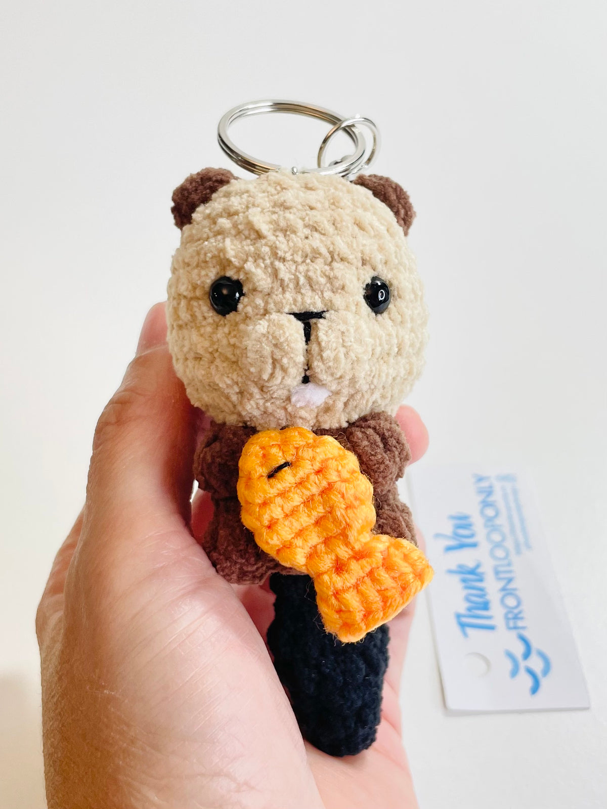 Crochet Beaver Keychain Holding Fish, Handmade Woodland Animal Bag Charm, Canadian Wildlife Gift