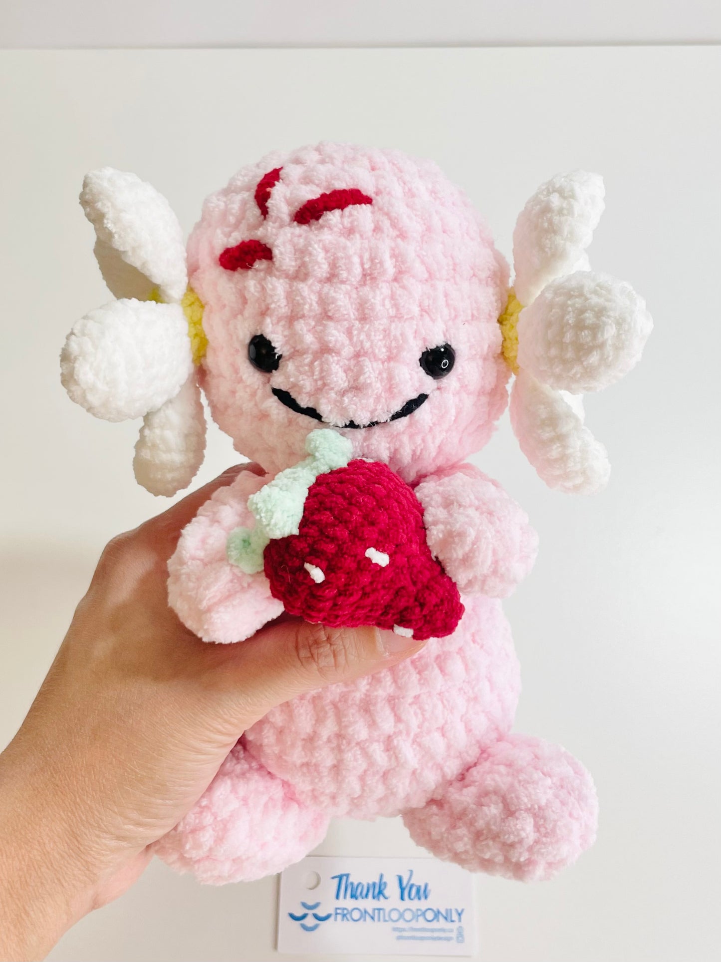 Crochet Strawberry Axolotl Plushie | Handmade Kawaii Axolotl Stuffed Animal | Soft Pink Plush Toy | Strawberry Lover Gift