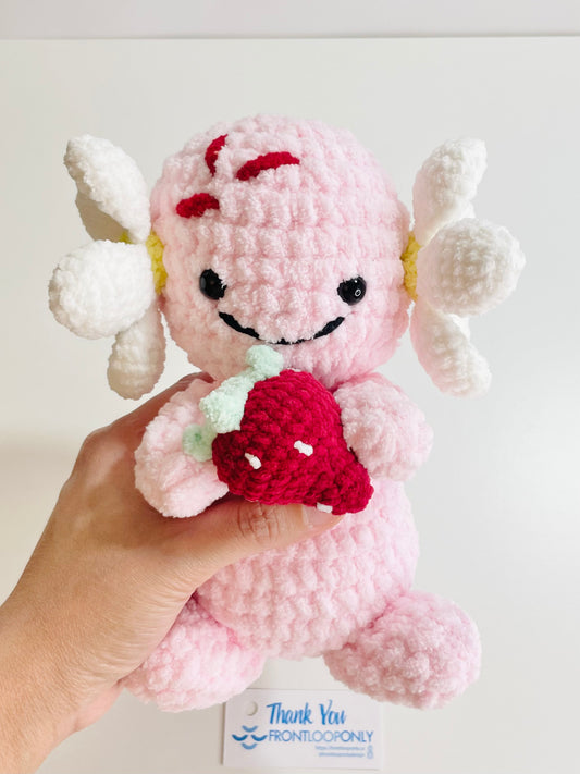 Crochet Strawberry Axolotl Plushie | Handmade Kawaii Axolotl Stuffed Animal | Soft Pink Plush Toy | Strawberry Lover Gift
