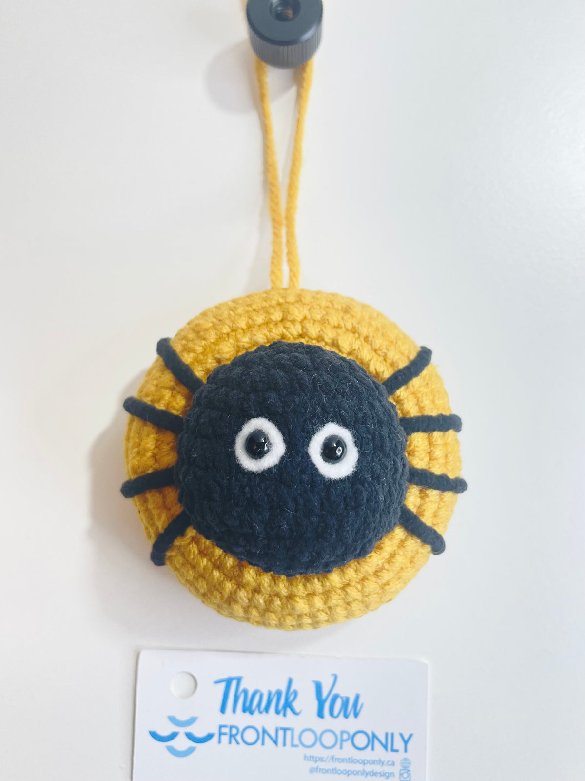 Handmade Crochet Spider Charm, Black and Yellow Halloween Keychain, Spooky Car Ornament