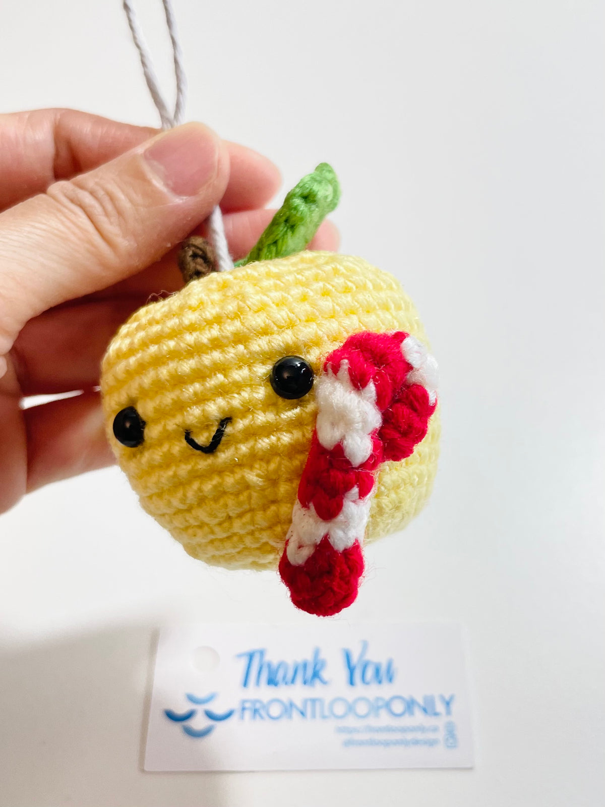 Handmade Crochet Apple Ornament, Candy Cane Christmas Decor, Teacher Gift, Fruit Keepsake