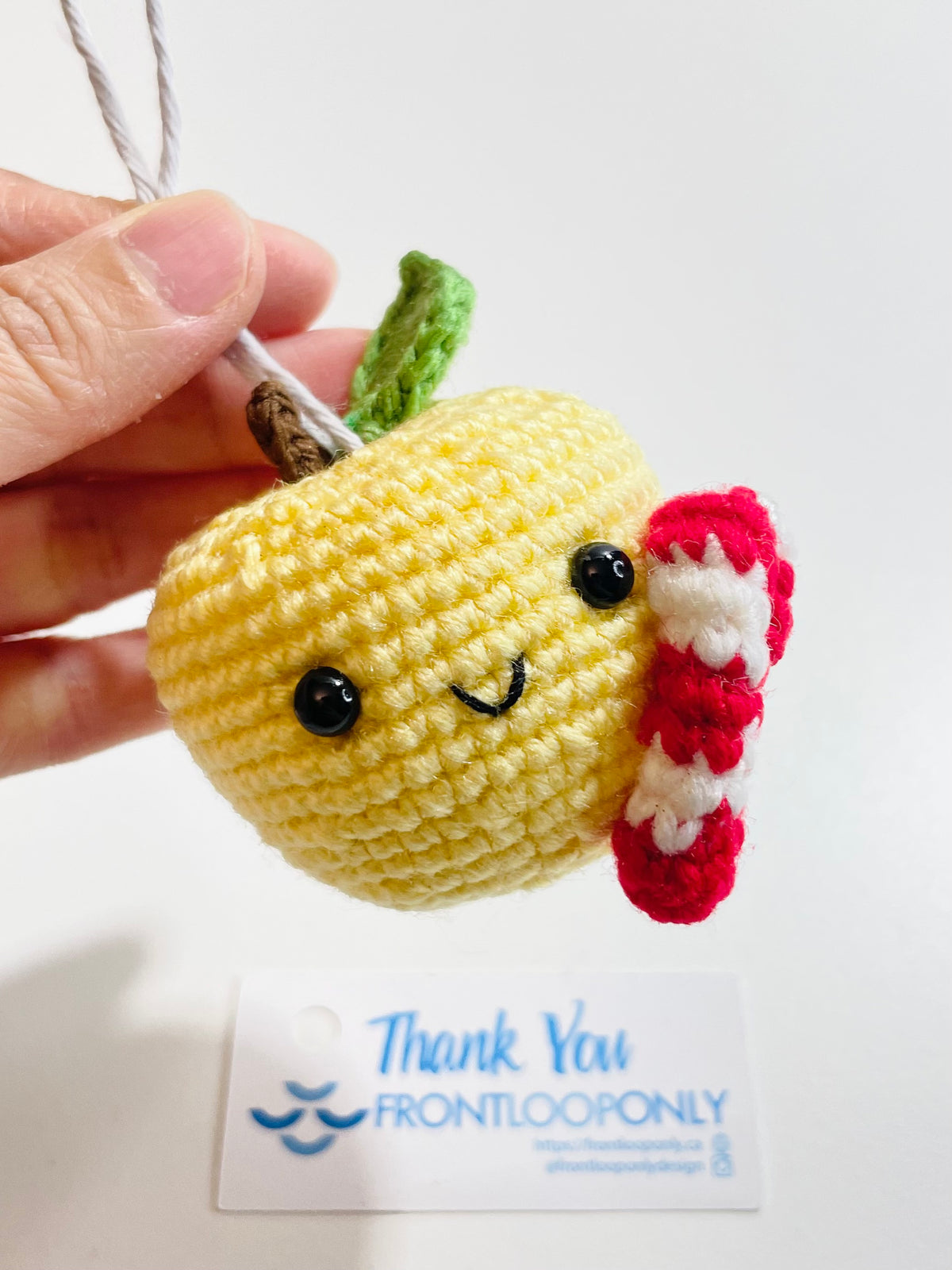 Handmade Crochet Apple Ornament, Candy Cane Christmas Decor, Teacher Gift, Fruit Keepsake