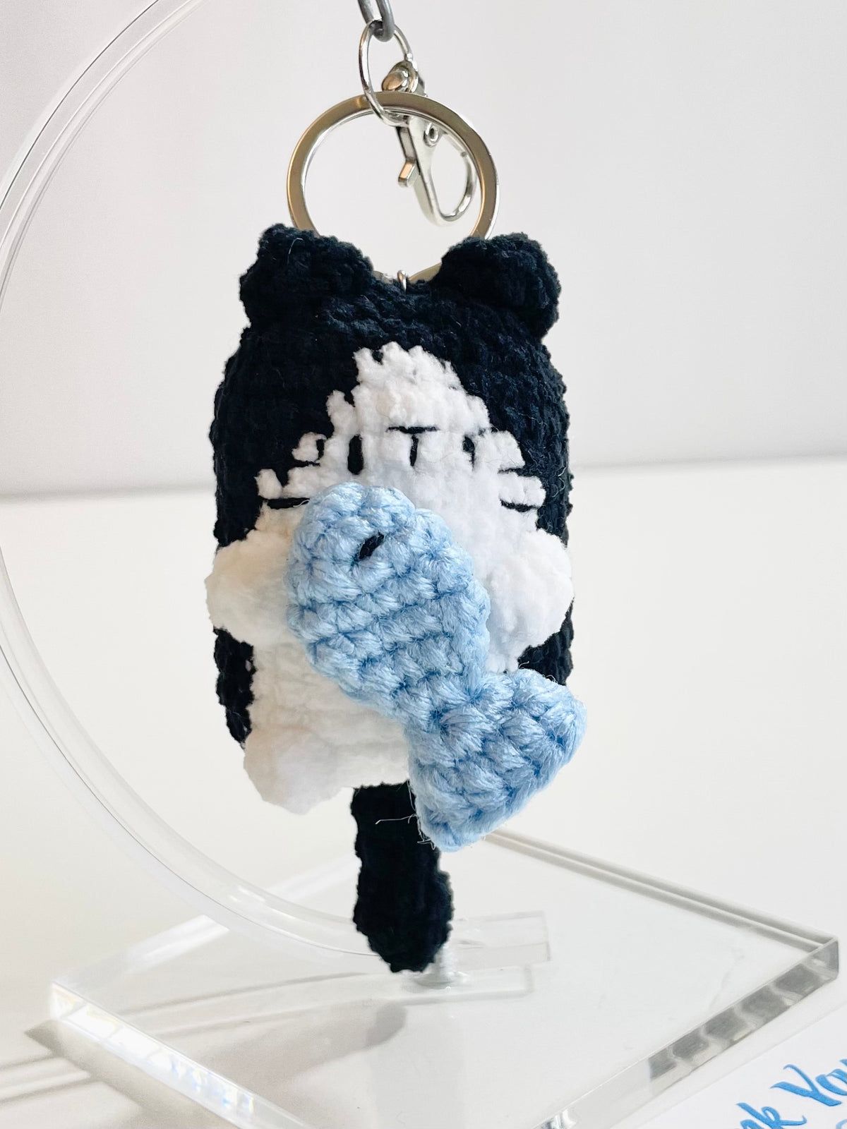 Crochet Cat Keychain Holding Fish, Handmade Sleepy Kitten Bag Charm, Amigurumi Pet Lover