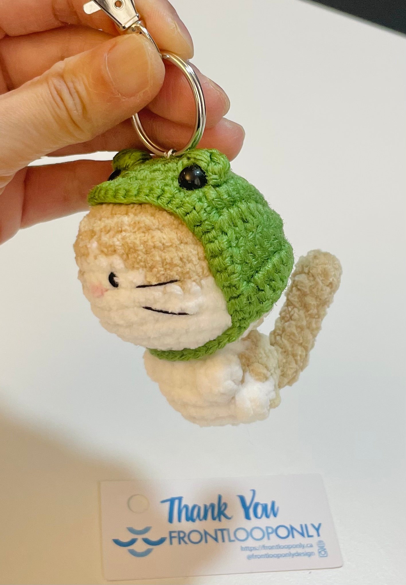 Crochet Cat Frog Hat Keychain – Amigurumi Kitty Plush Bag Charm