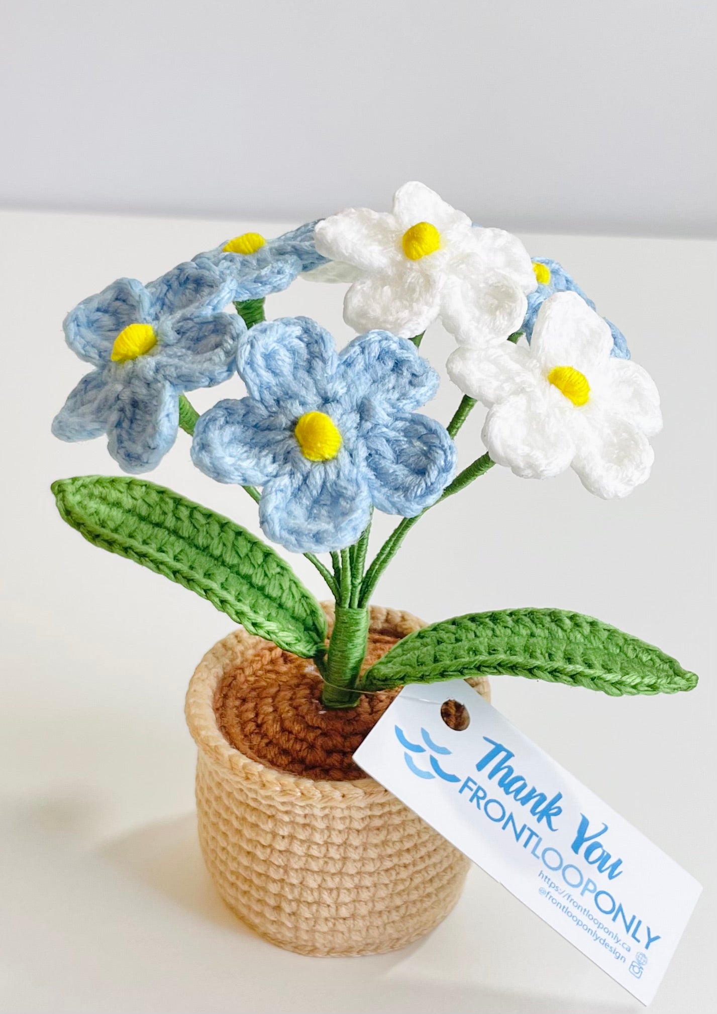 Crochet Forget Me Not Flower Pot – Amigurumi Blue Floral Desk Decor Keepsake